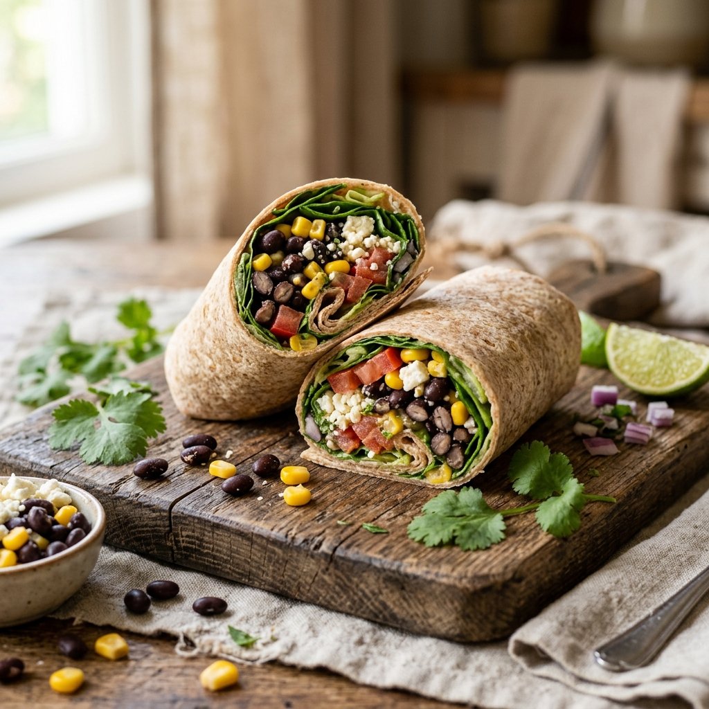 A close-up of a sliced Southwestern wrap filled with black beans, corn, feta cheese, tomatoes, and greens on a wooden board.