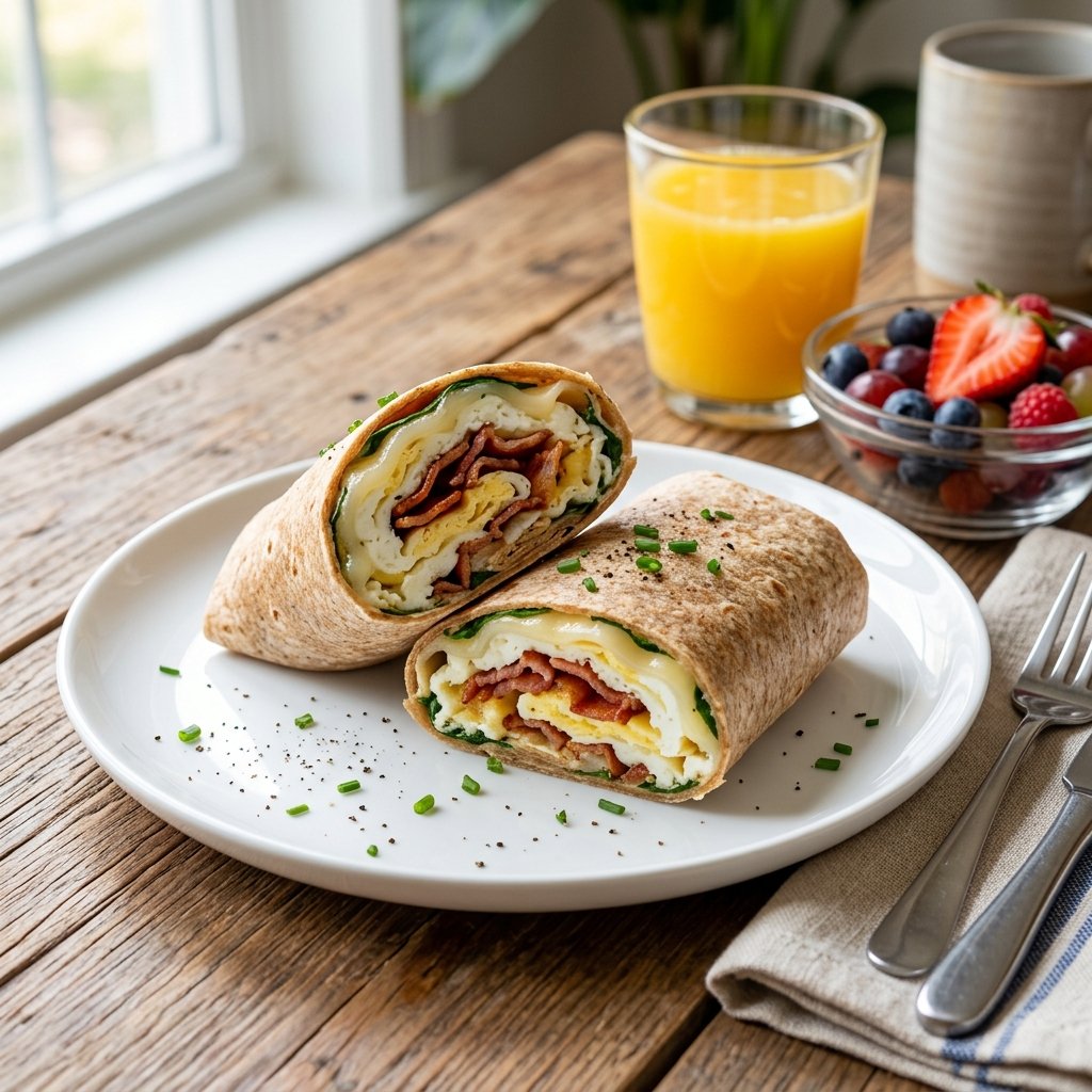 A breakfast wrap filled with egg whites, turkey bacon, and Swiss cheese on a white plate with a bowl of fruit and a glass of orange juice nearby.