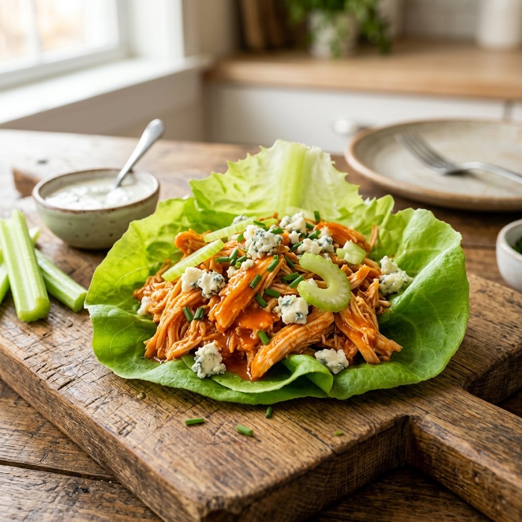 A lettuce wrap filled with buffalo chicken, blue cheese, and celery on a wooden board with a bowl of blue cheese dressing nearby.
