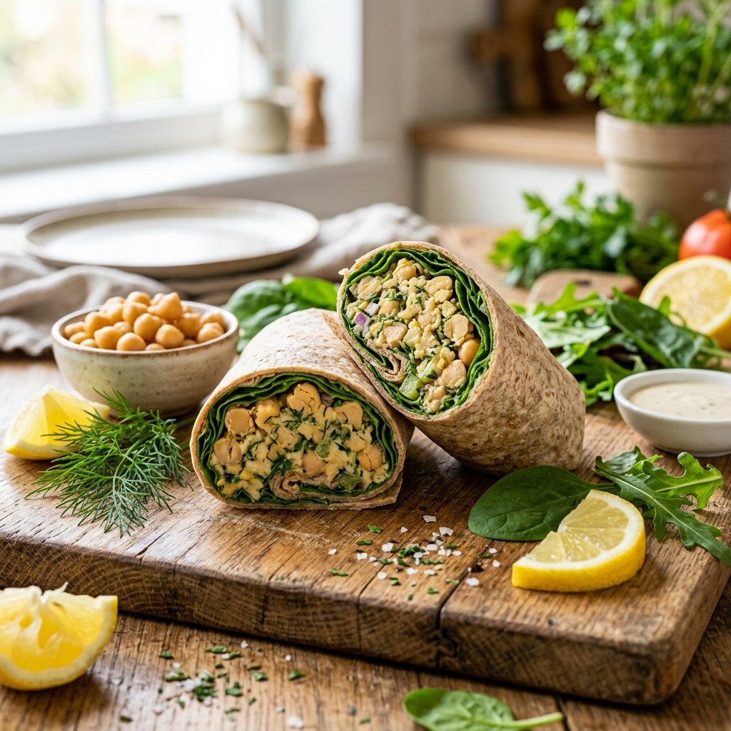 A chickpea salad dill and lemon herb wrap cut in half on a wooden board with fresh herbs, lemon wedges, and chickpeas around it.