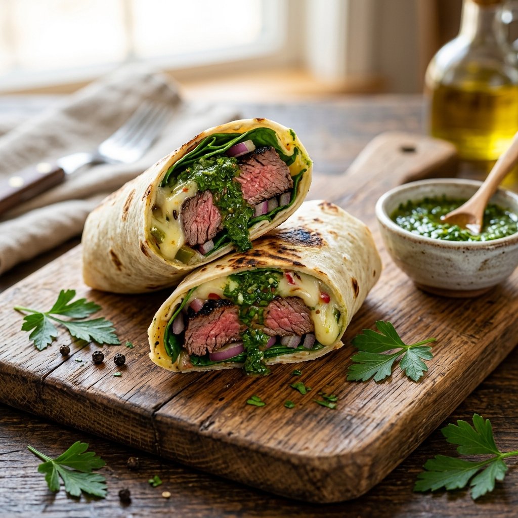 A steak wrap cut in half showing grilled steak, chimichurri sauce, and melted cheese inside a flour tortilla on a wooden board.