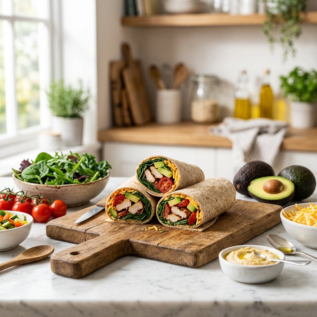 Freshly made high-protein wraps on a cutting board with colorful vegetables and ingredients in a bright kitchen.