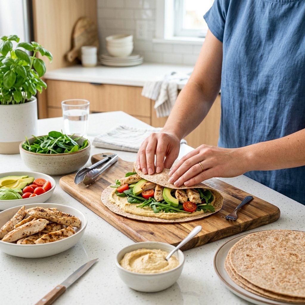 Hands assembling a high protein wrap with fresh ingredients on a kitchen countertop.