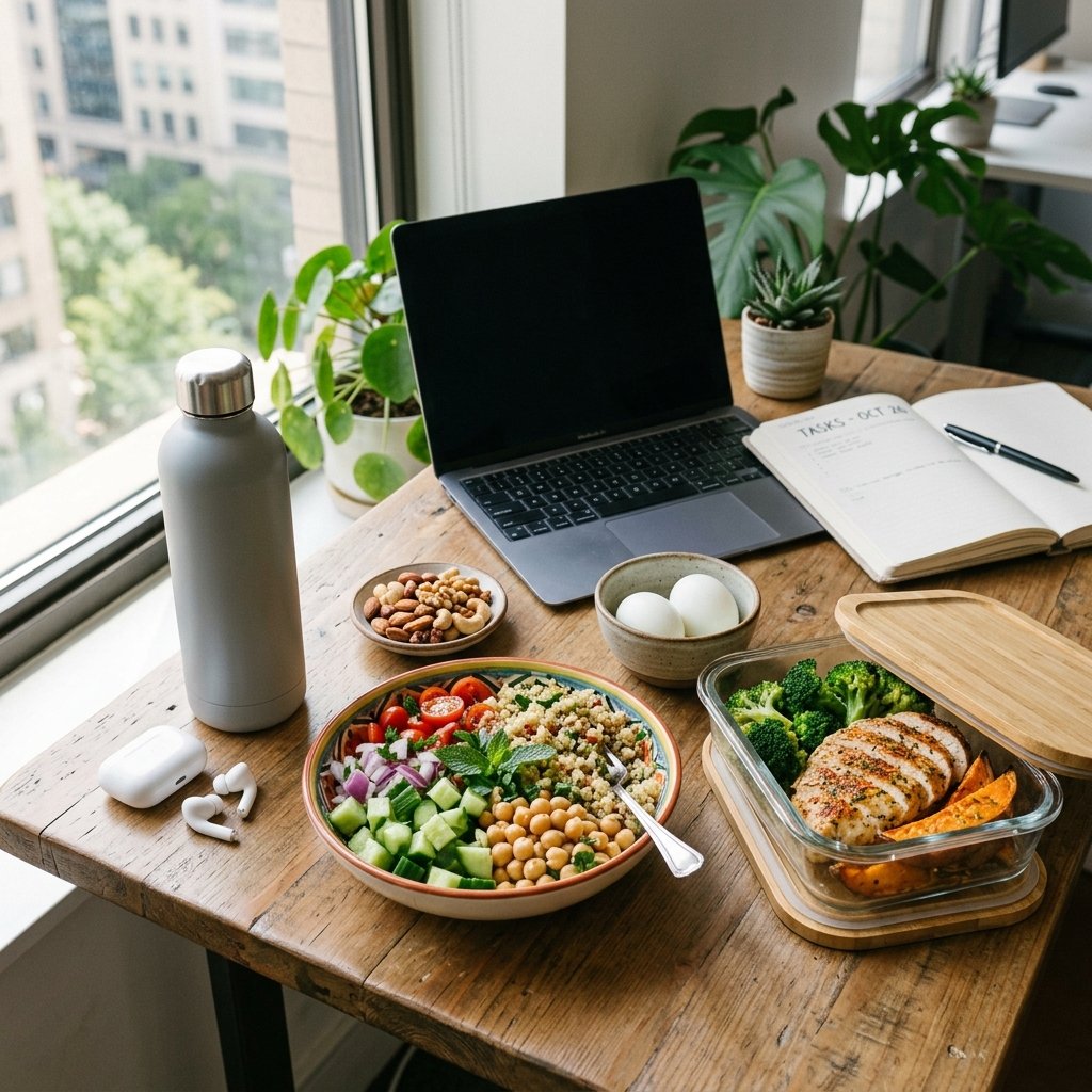 A work desk with a healthy high-protein lunch including quinoa salad, grilled chicken with vegetables, nuts, and a boiled egg, alongside a laptop and water bottle.
