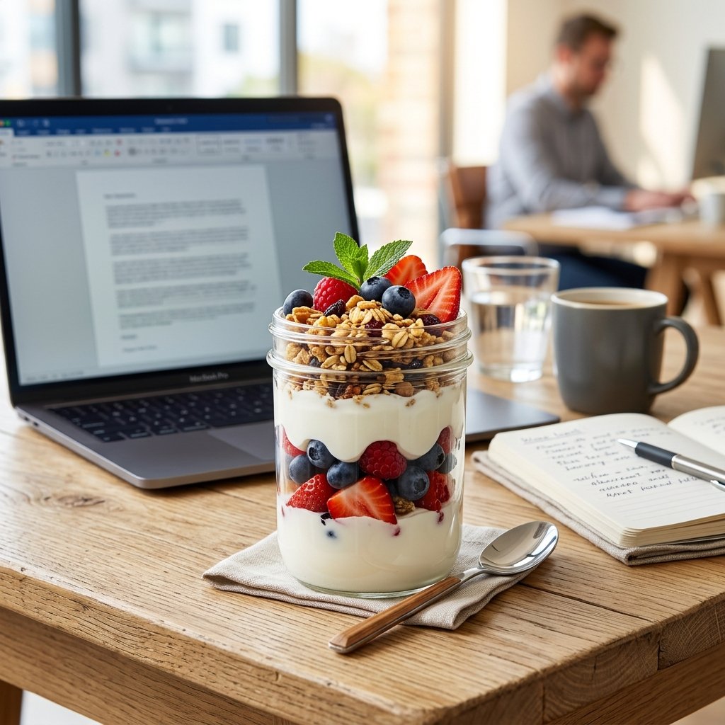 A glass jar filled with Greek yogurt parfait layered with fresh berries and granola on a wooden table with a blurred office background.