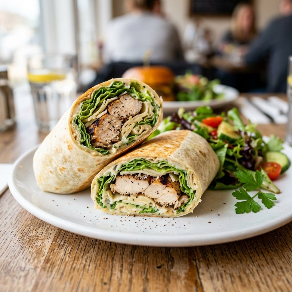 A grilled chicken Caesar wrap cut in half on a white plate with romaine lettuce and shaved Parmesan cheese.