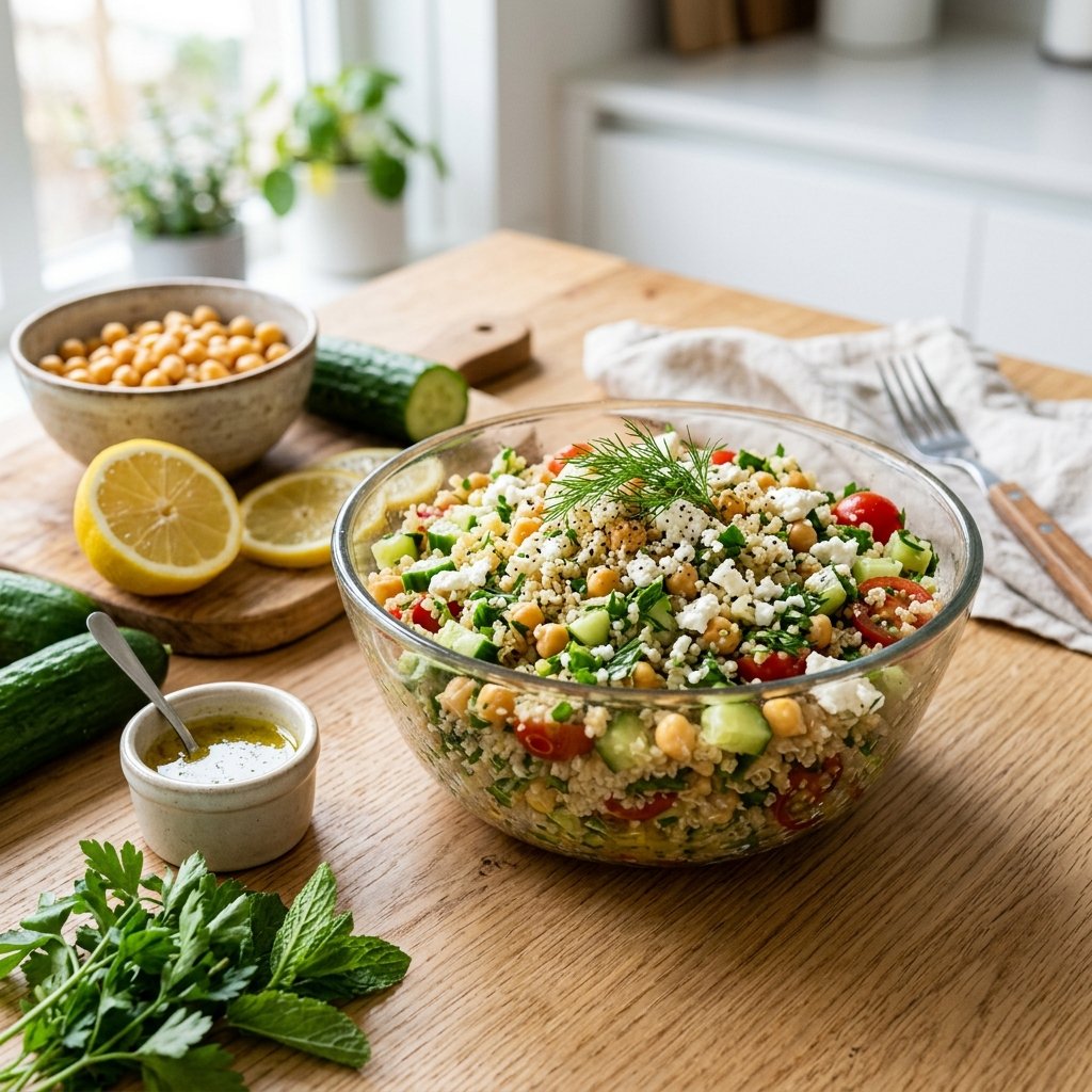 A bowl of quinoa salad with chickpeas, cucumber, feta, and lemon vinaigrette on a wooden table with fresh ingredients around it.