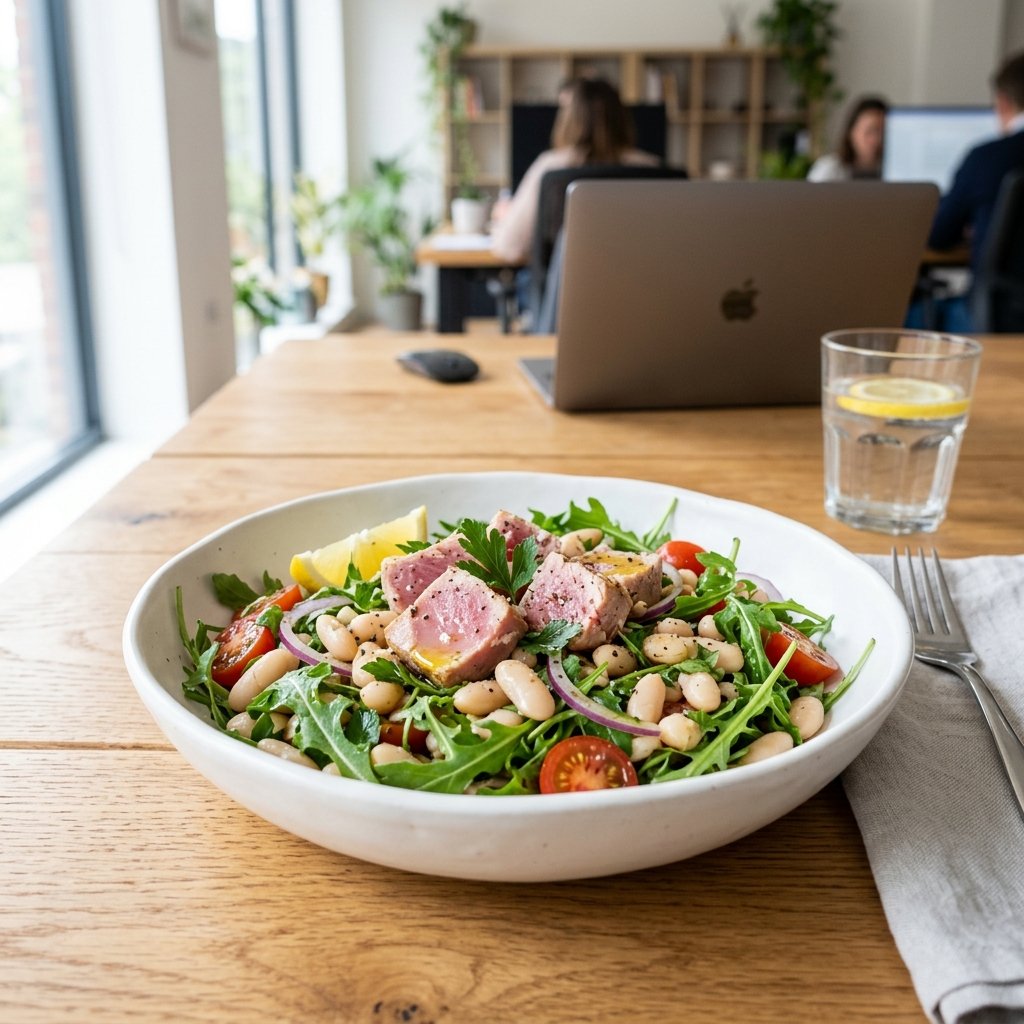 A bowl of tuna, white bean, and arugula salad drizzled with olive oil on a wooden table with a blurred office background.