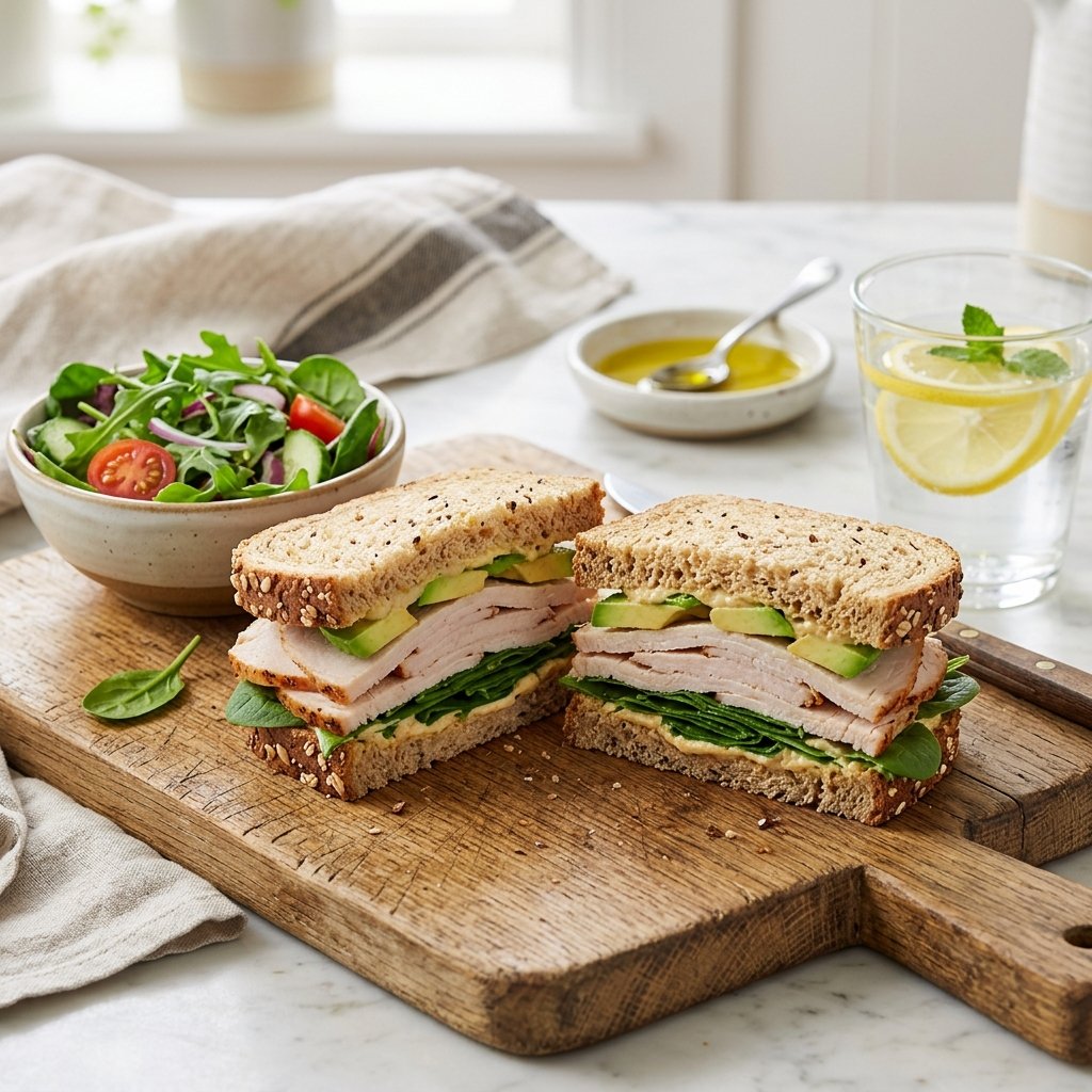 A turkey and avocado whole wheat sandwich with spinach on a wooden cutting board, with a bowl of greens and a glass of water nearby.