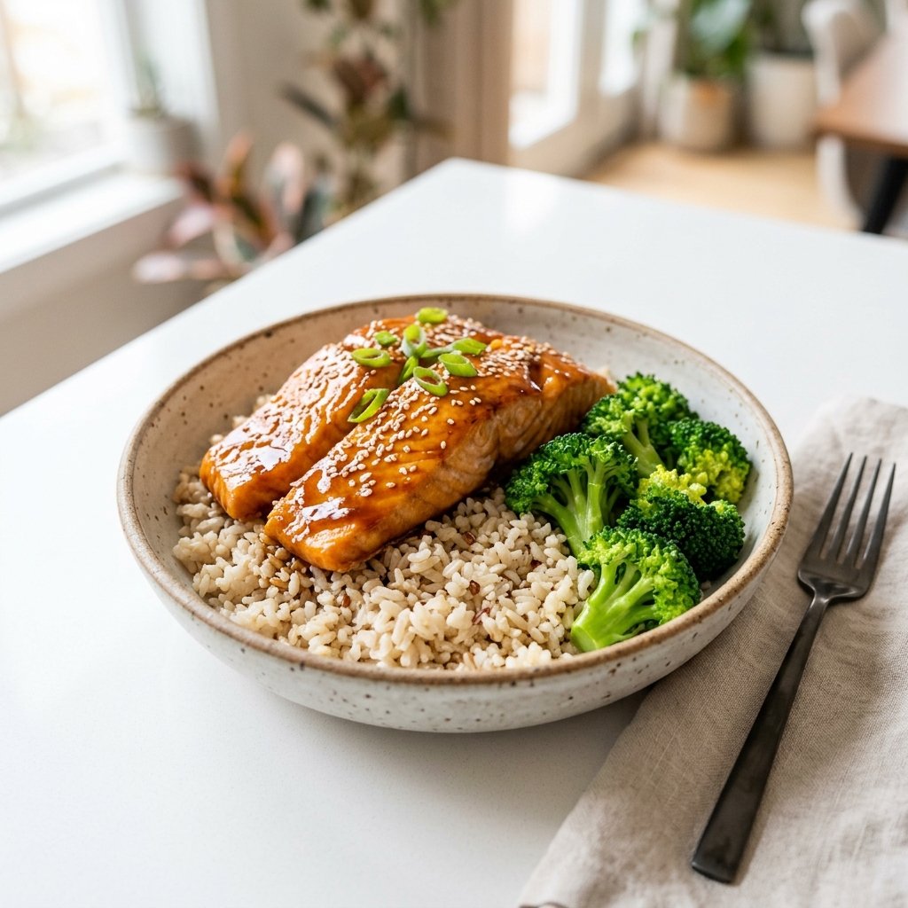 A bowl of salmon with teriyaki glaze, brown rice, and steamed broccoli on a white surface.