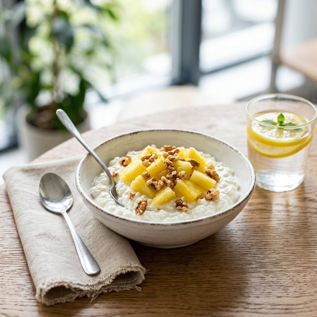 A bowl of cottage cheese topped with pineapple pieces and toasted walnuts on a wooden table with a spoon and a glass of water nearby.