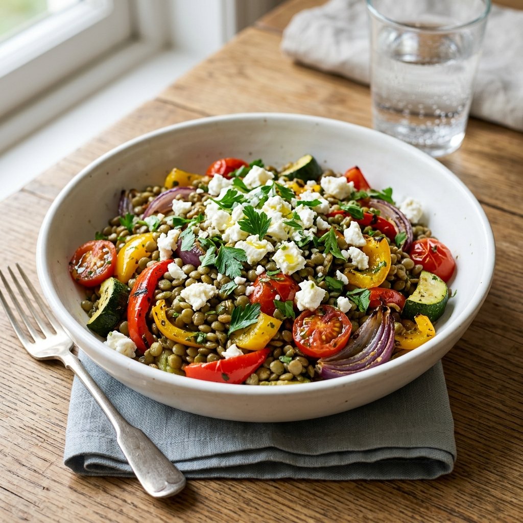 A bowl of lentil and roasted vegetable salad topped with feta cheese on a wooden table, with a glass of water in the background.