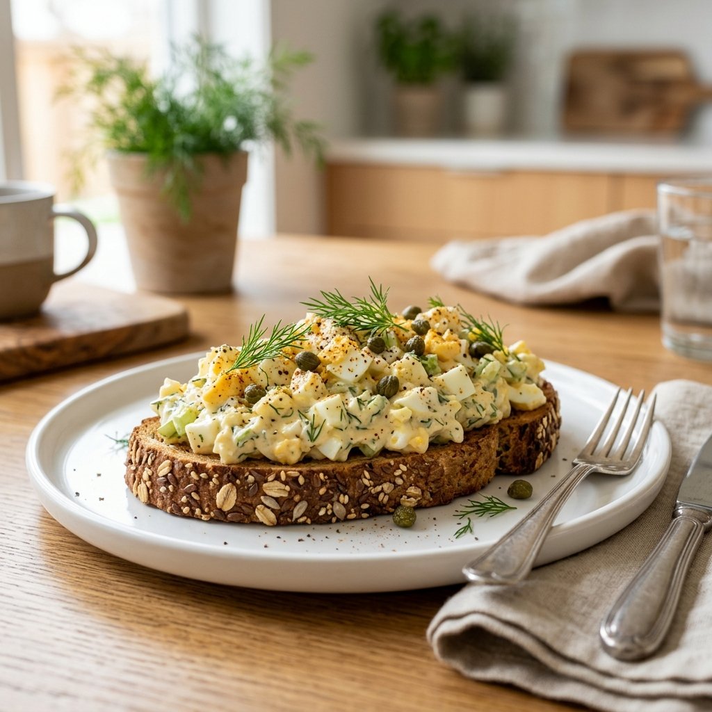 A plate with egg salad on multigrain toast garnished with dill and capers.