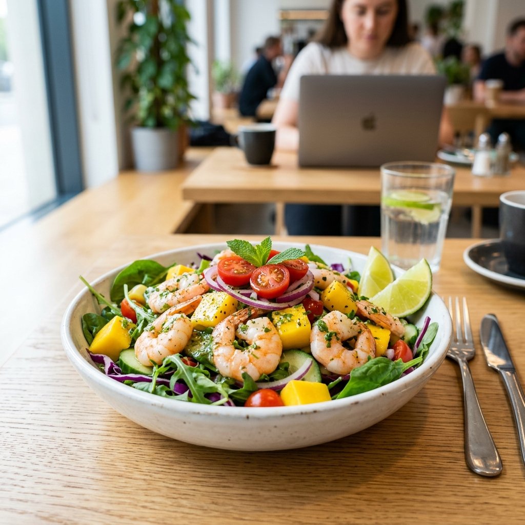 A bowl of shrimp and mango salad with mixed greens and lime dressing on a wooden table in an office lunch setting.