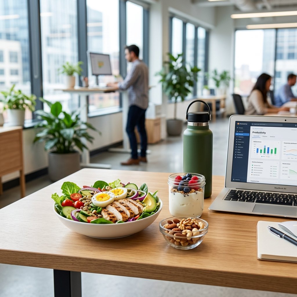 A work desk with a healthy high-protein lunch including grilled chicken salad, boiled egg, nuts, and yogurt, alongside a laptop and water bottle.