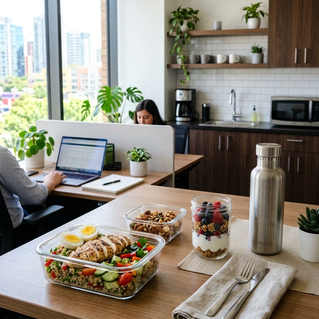 A table in an office kitchen with various high-protein lunch foods like grilled chicken, boiled eggs, quinoa salad, nuts, and yogurt parfaits arranged in containers.