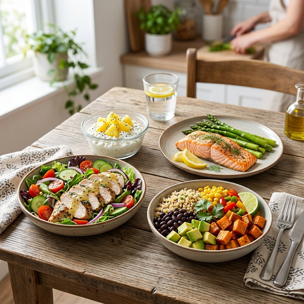 A variety of healthy high-protein lunch dishes including grilled chicken salad, quinoa bowl, cottage cheese with pineapple, and steamed salmon with asparagus arranged on a wooden table.
