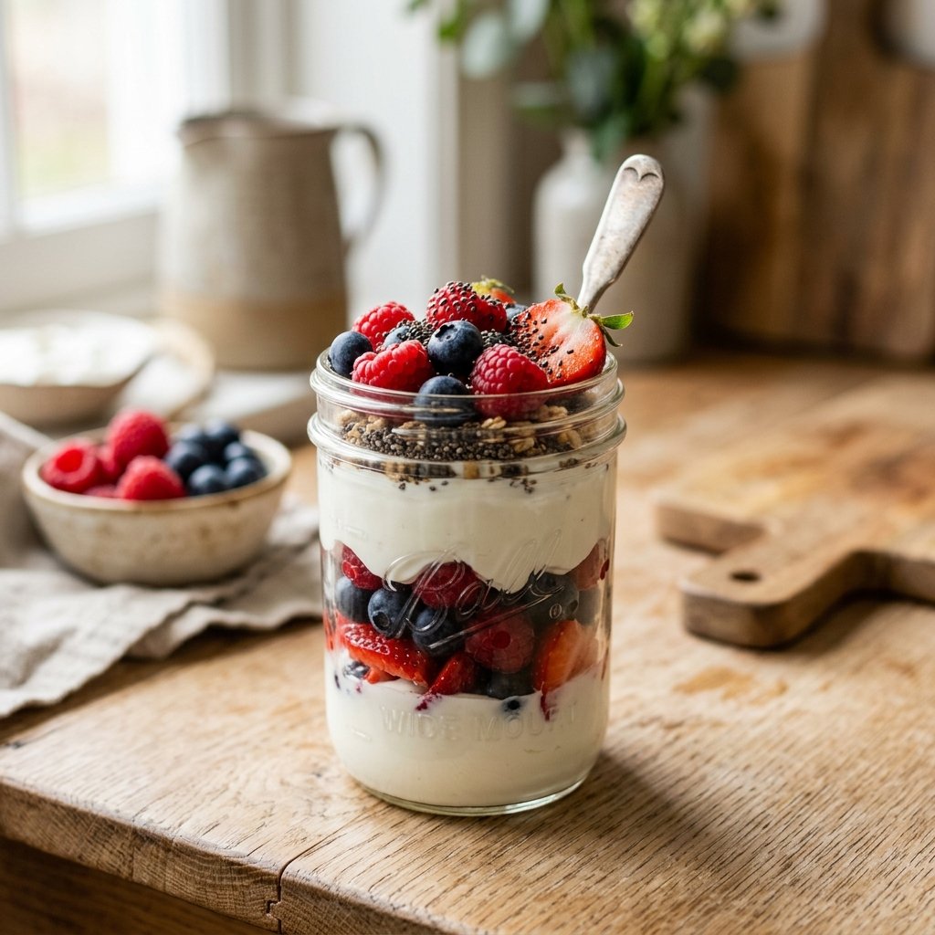 A glass jar filled with layers of Greek yogurt, mixed berries, and chia seeds on a wooden surface.