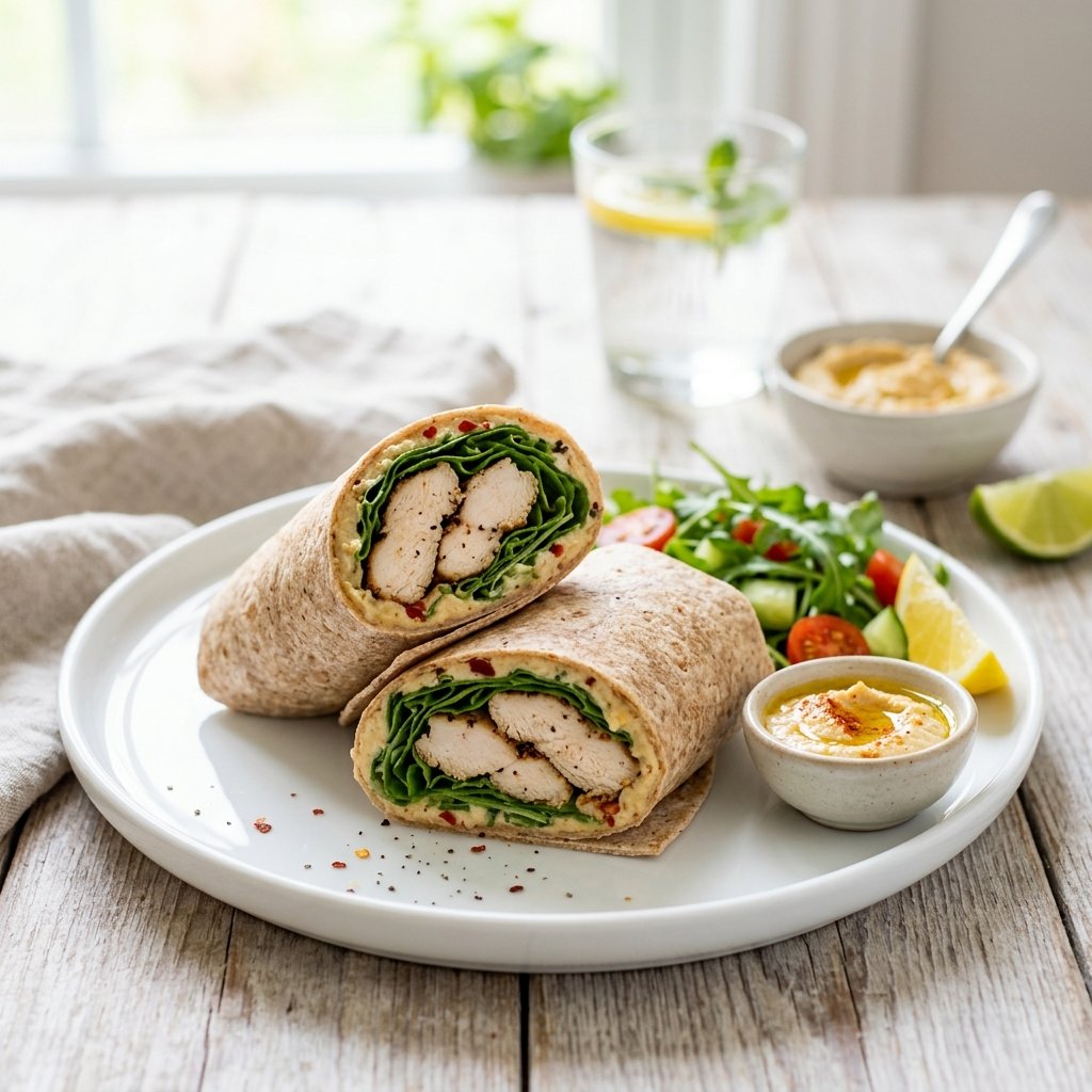 A grilled chicken and arugula wrap with hummus cut in half on a white plate on a wooden table.