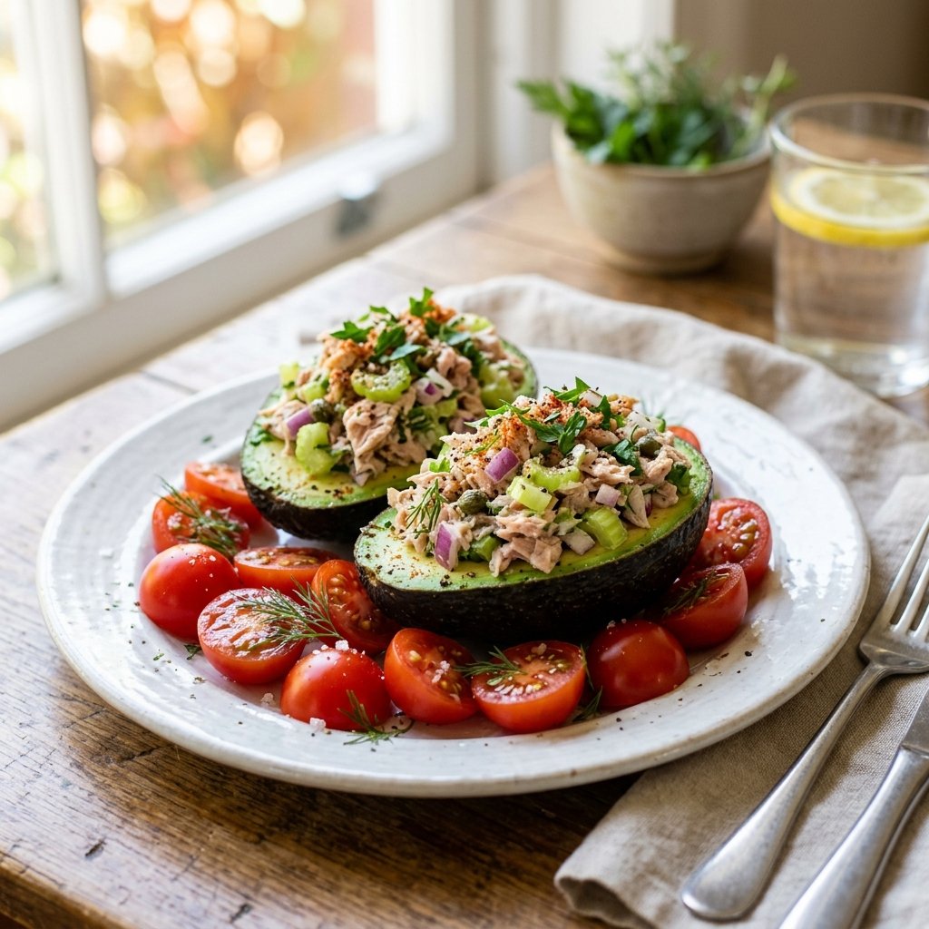 A plate with a halved avocado filled with tuna salad and cherry tomatoes on the side.