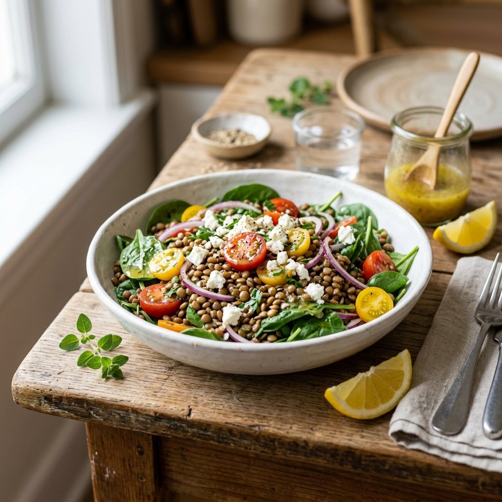 A bowl of lentil and spinach salad with cherry tomatoes, red onions, and lemon vinaigrette on a wooden table.