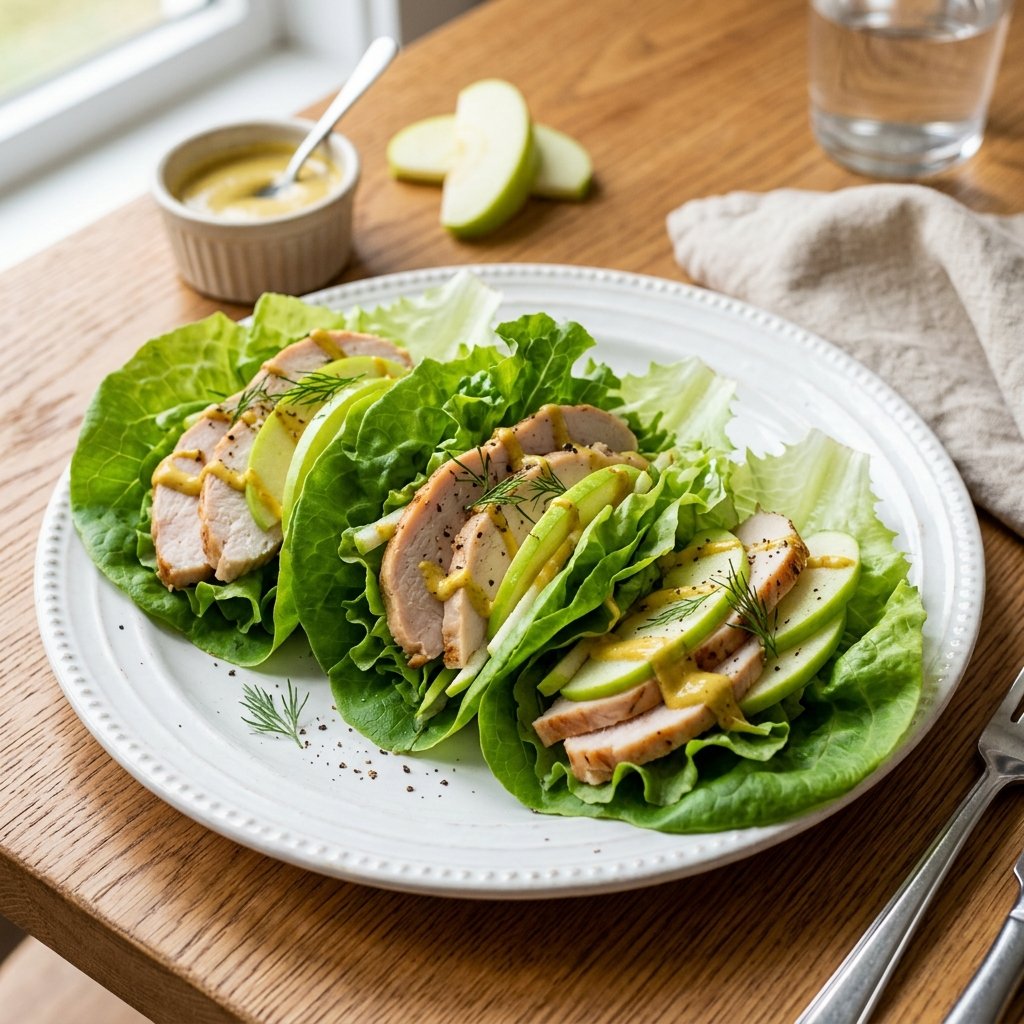 Plate of turkey and apple lettuce wraps with mustard on a wooden table.