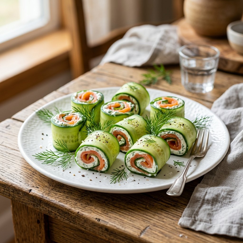 Plate of smoked salmon cucumber roll-ups garnished with fresh dill on a wooden table.