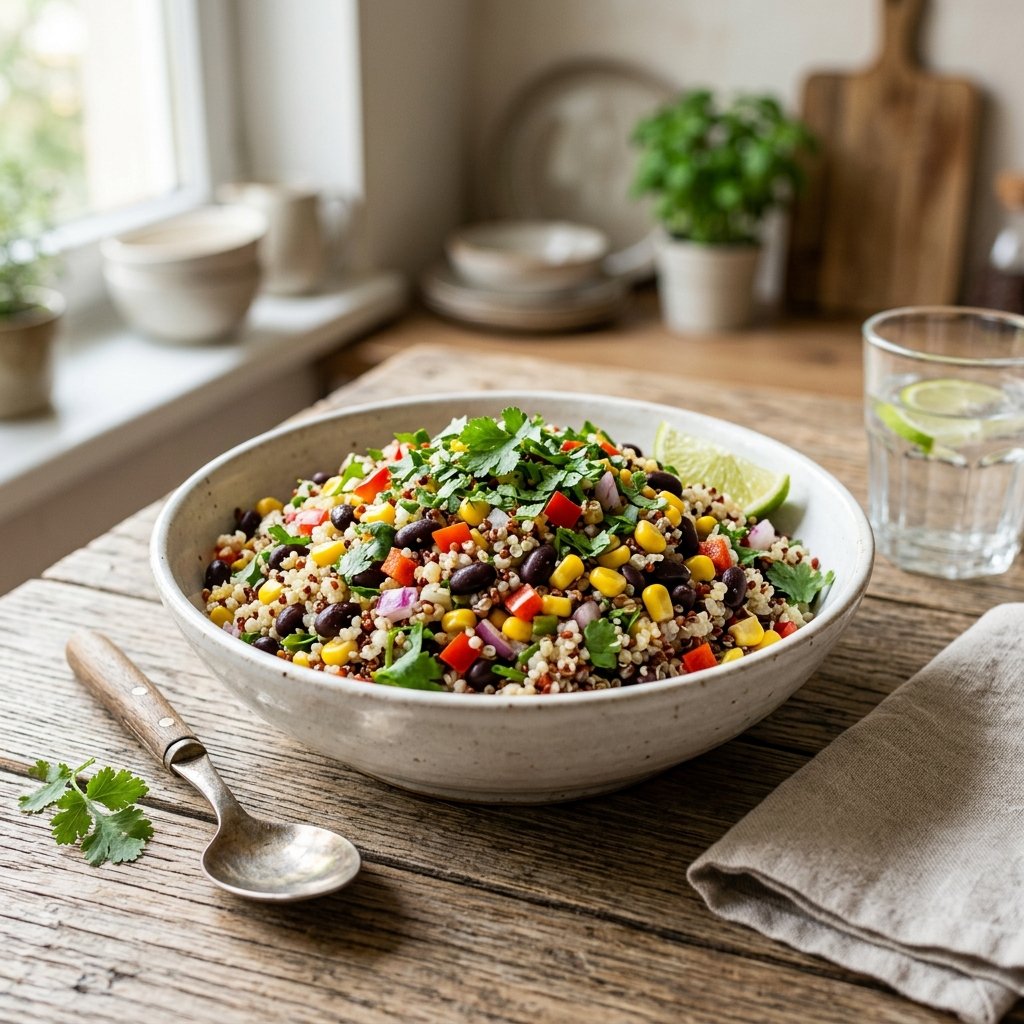 A bowl of quinoa salad with black beans, corn, red bell peppers, and cilantro on a wooden table.