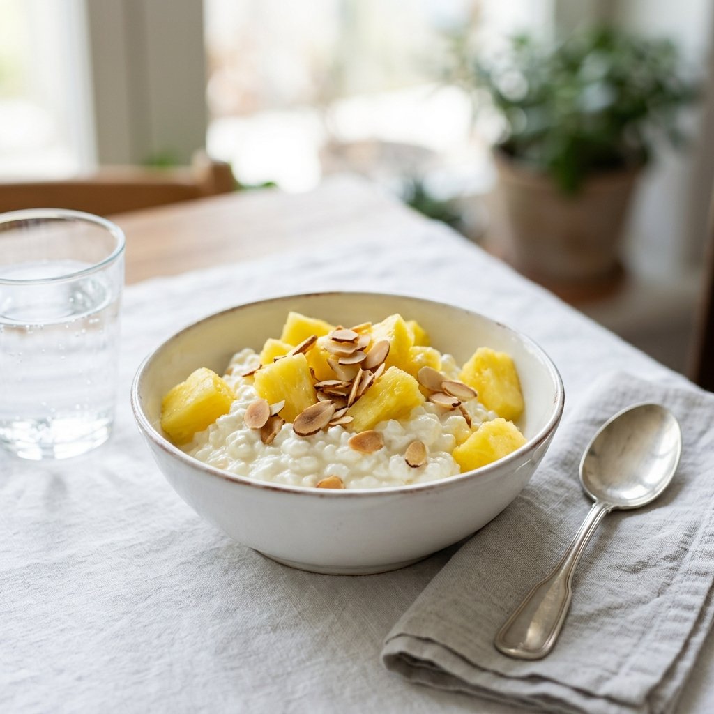 A bowl of cottage cheese topped with pineapple chunks and sliced almonds on a white surface with a spoon and napkin nearby.