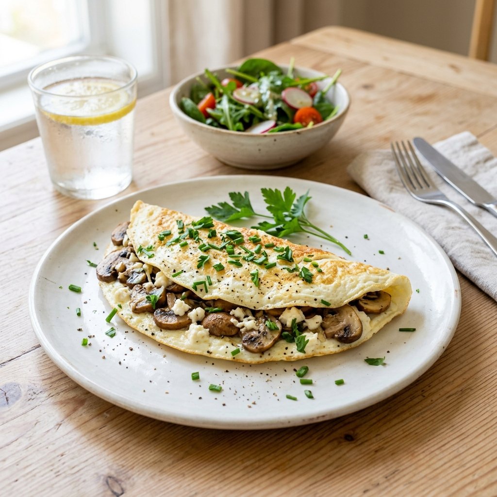 A plate with an egg white omelette filled with mushrooms and feta cheese, garnished with fresh herbs, on a wooden table with a glass of water and a small bowl of salad in the background.