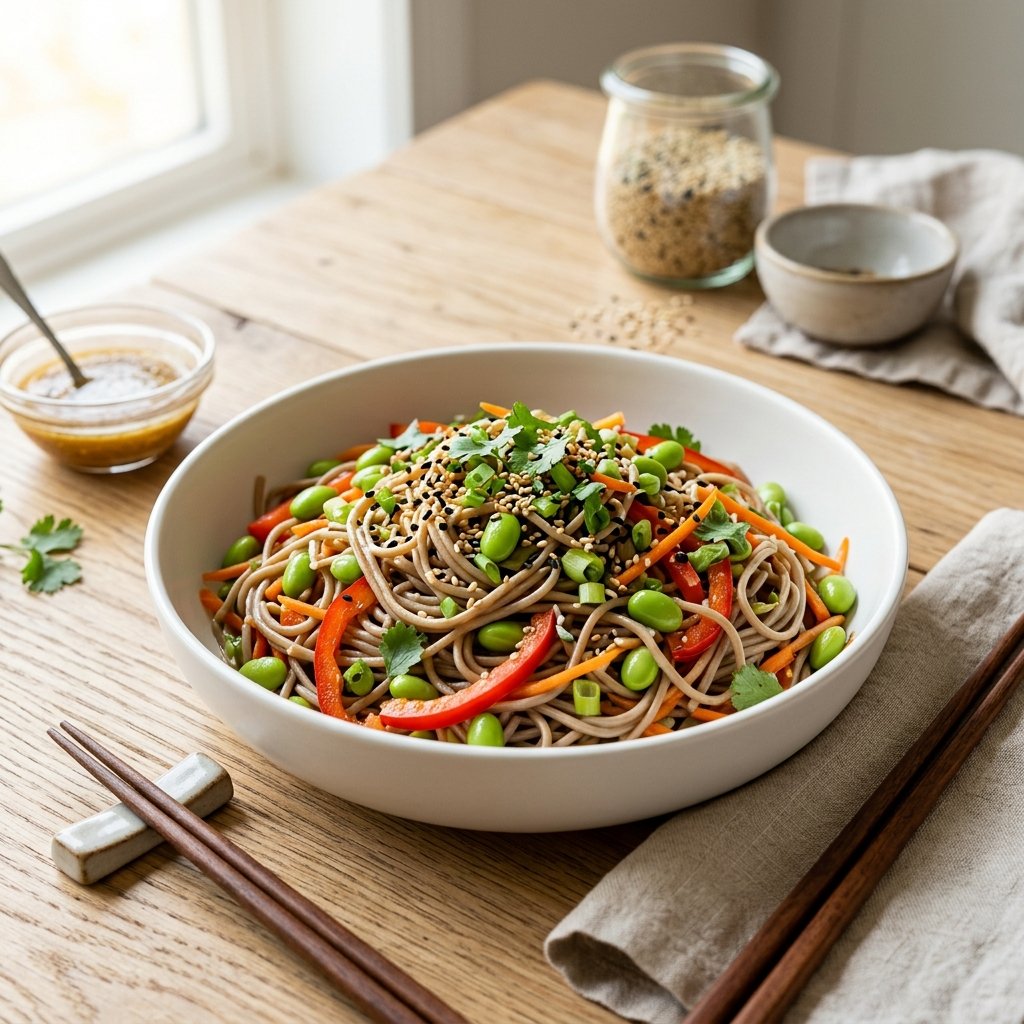 A bowl of soba noodle salad with edamame, colorful vegetables, and sesame dressing on a wooden table.