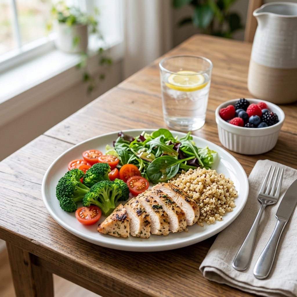 A balanced lunch plate with grilled chicken, quinoa, steamed broccoli, cherry tomatoes, mixed greens, a glass of water with lemon, and a bowl of fresh berries on a wooden table.
