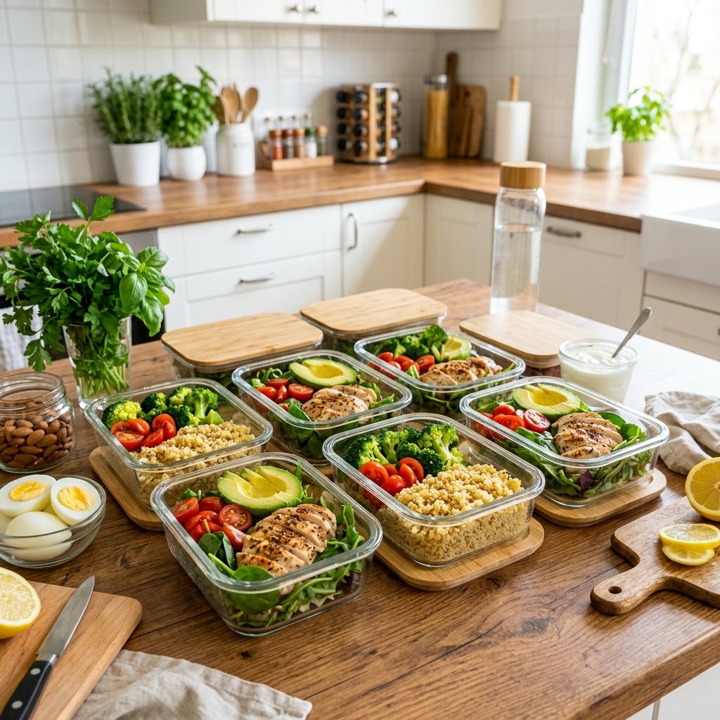 Meal prep containers with grilled chicken, quinoa, vegetables, and avocado arranged on a kitchen countertop.
