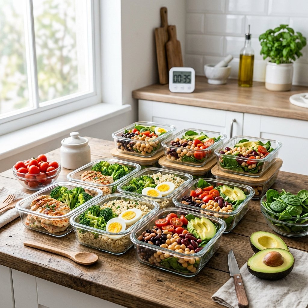 A kitchen countertop with glass containers filled with grilled chicken, broccoli, quinoa, boiled eggs, and fresh vegetables prepared for meal prep.
