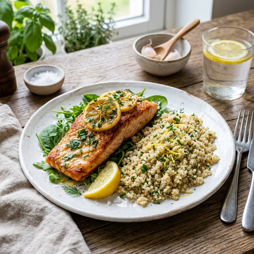 A plate with lemon garlic salmon and quinoa garnished with fresh herbs on a wooden table.