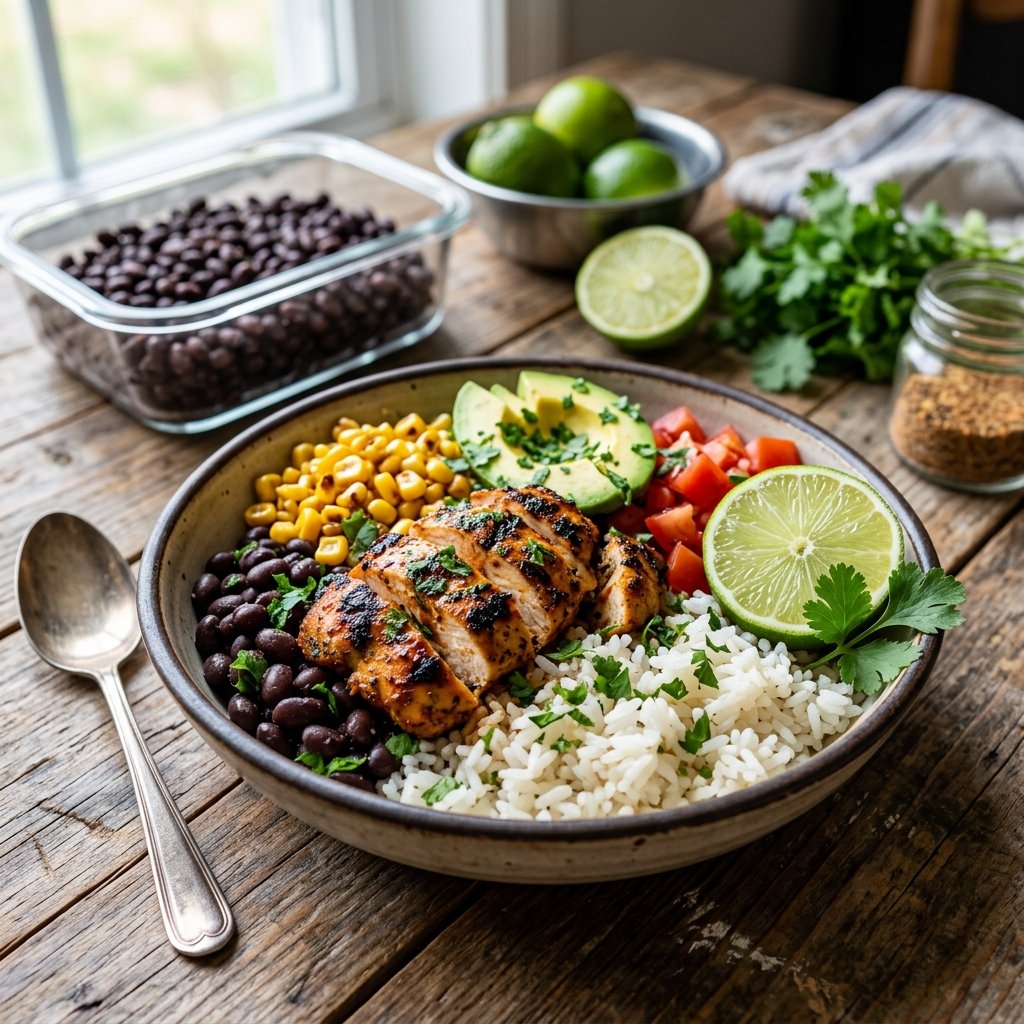 A bowl of chipotle lime chicken with rice, black beans, corn, tomatoes, avocado, and cilantro on a wooden table.