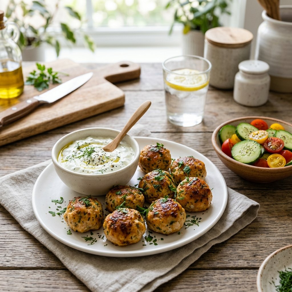 A bowl of Greek yogurt tzatziki sauce next to a plate of turkey meatballs garnished with fresh herbs, accompanied by sliced cucumbers and cherry tomatoes on a kitchen counter.