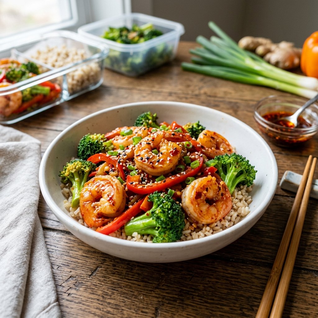 A bowl of spicy shrimp and broccoli stir-fry with red peppers and green onions on a wooden table.