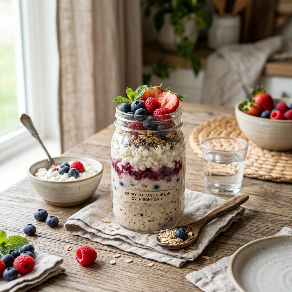 A jar of cottage cheese and berry overnight oats on a wooden table with fresh berries and a spoon nearby.