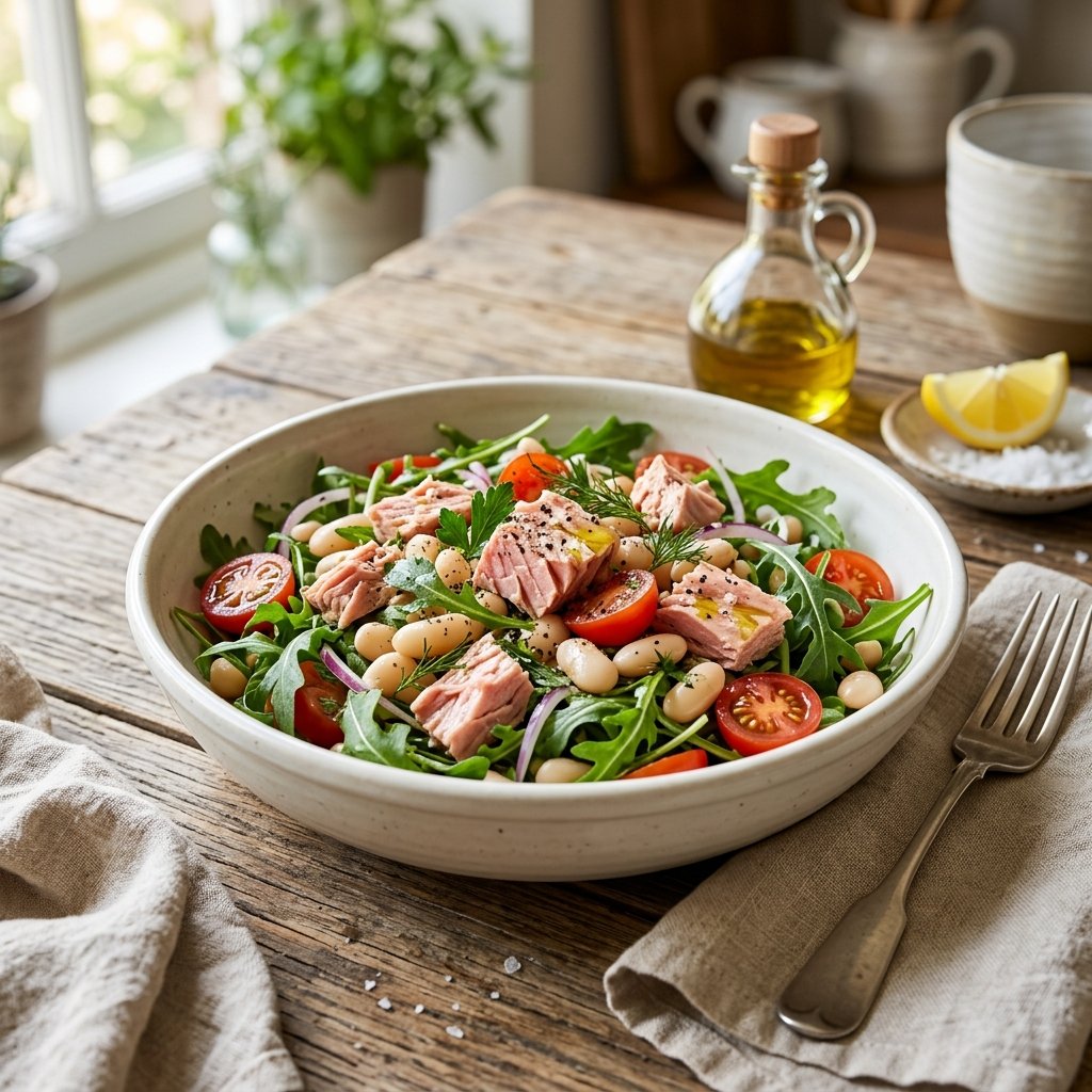 A bowl of tuna and white bean salad with arugula on a wooden table, accompanied by olive oil and lemon.
