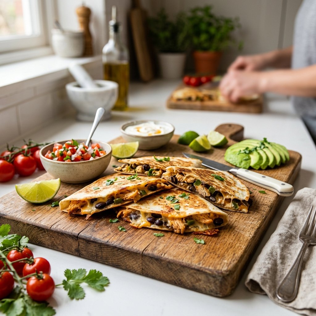 A serving of black bean and chicken quesadillas on a wooden board with fresh tomatoes, avocado slices, lime wedges, and bowls of salsa and sour cream on a kitchen counter.