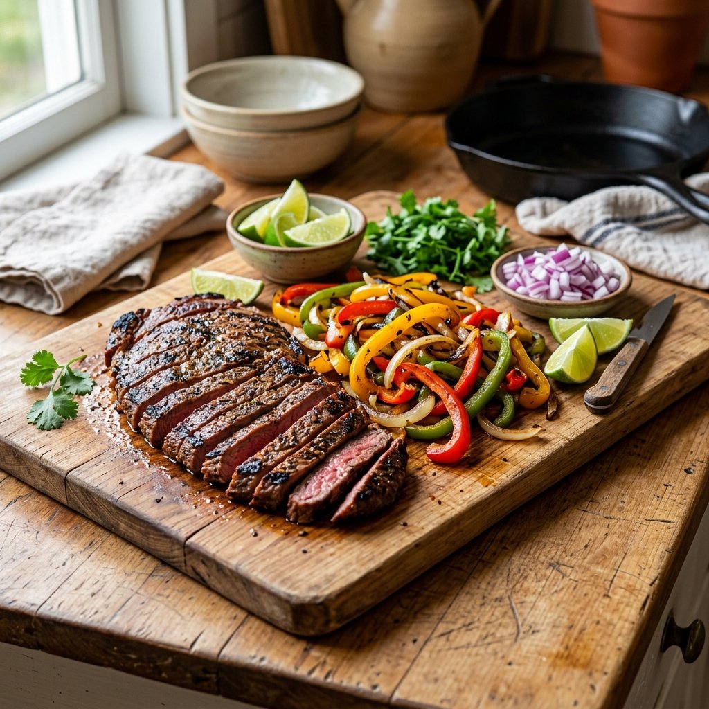 Sliced cooked steak and colorful sautéed bell peppers on a wooden cutting board with fresh lime wedges and chopped herbs.