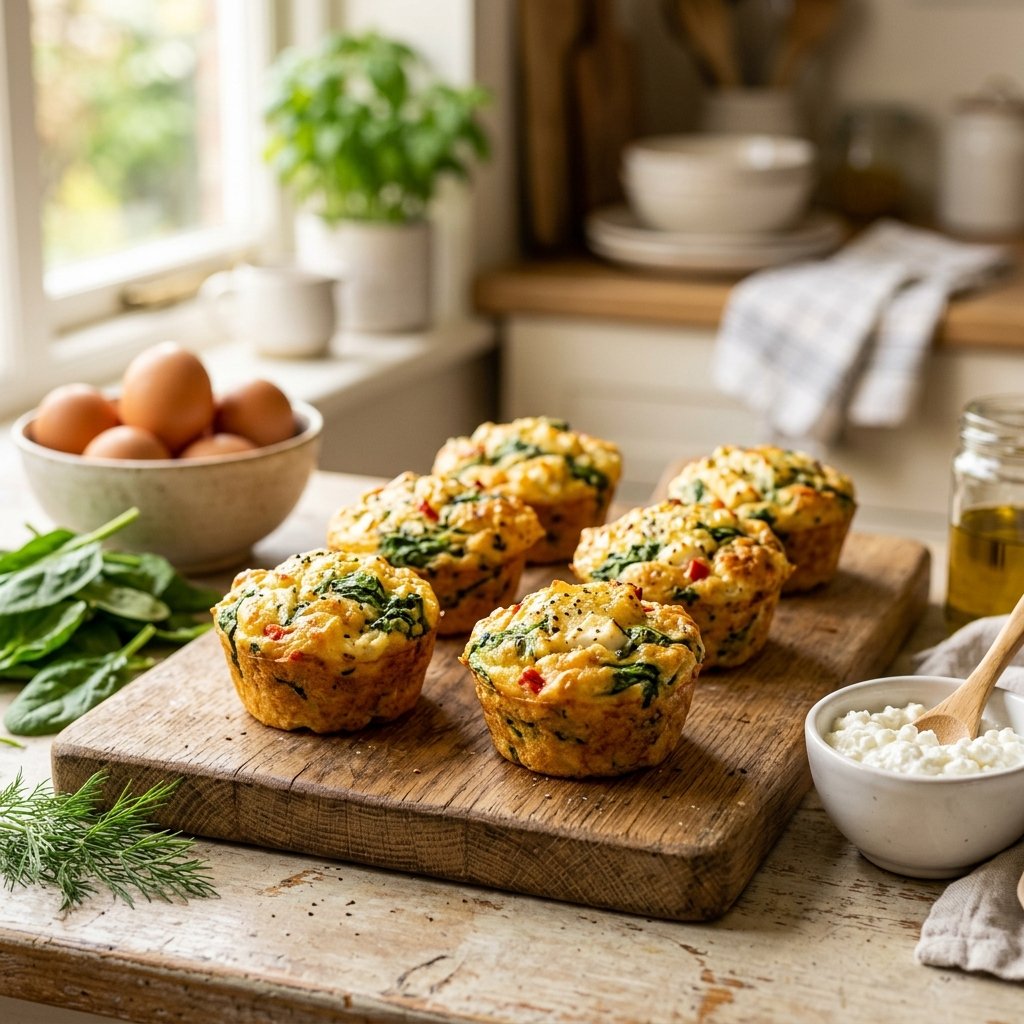 Freshly baked egg white and spinach breakfast muffins on a wooden board with fresh spinach and eggs nearby in a bright kitchen.
