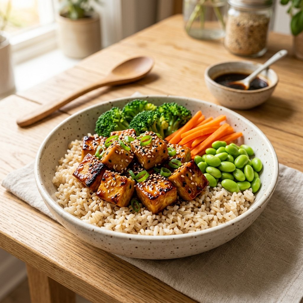 A bowl of brown rice topped with glazed teriyaki tofu cubes, sesame seeds, and green onions, accompanied by fresh vegetables on a wooden table.