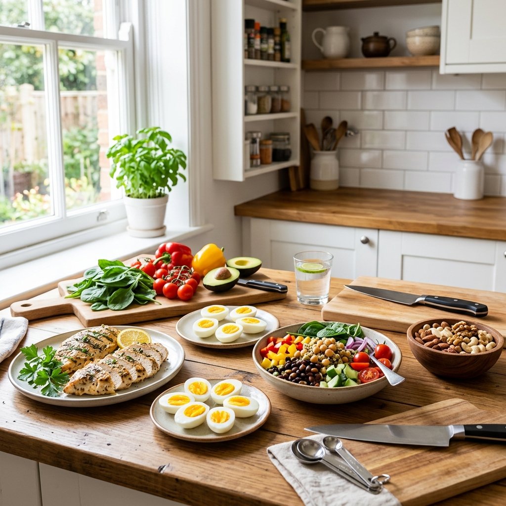 A kitchen countertop with several freshly prepared high-protein meals including grilled chicken, boiled eggs, quinoa salad, and fresh vegetables arranged neatly.