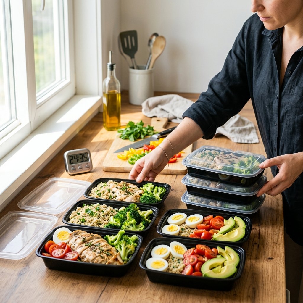 A kitchen countertop with neatly arranged high-protein meal prep containers filled with chicken, eggs, quinoa, and vegetables, with hands organizing the containers.