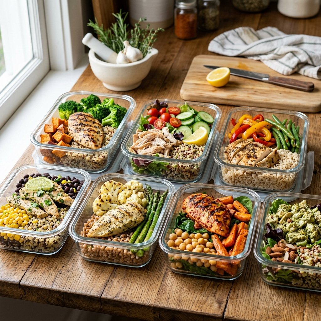 Multiple glass containers filled with grilled chicken, broccoli, quinoa, and roasted vegetables arranged on a wooden countertop.