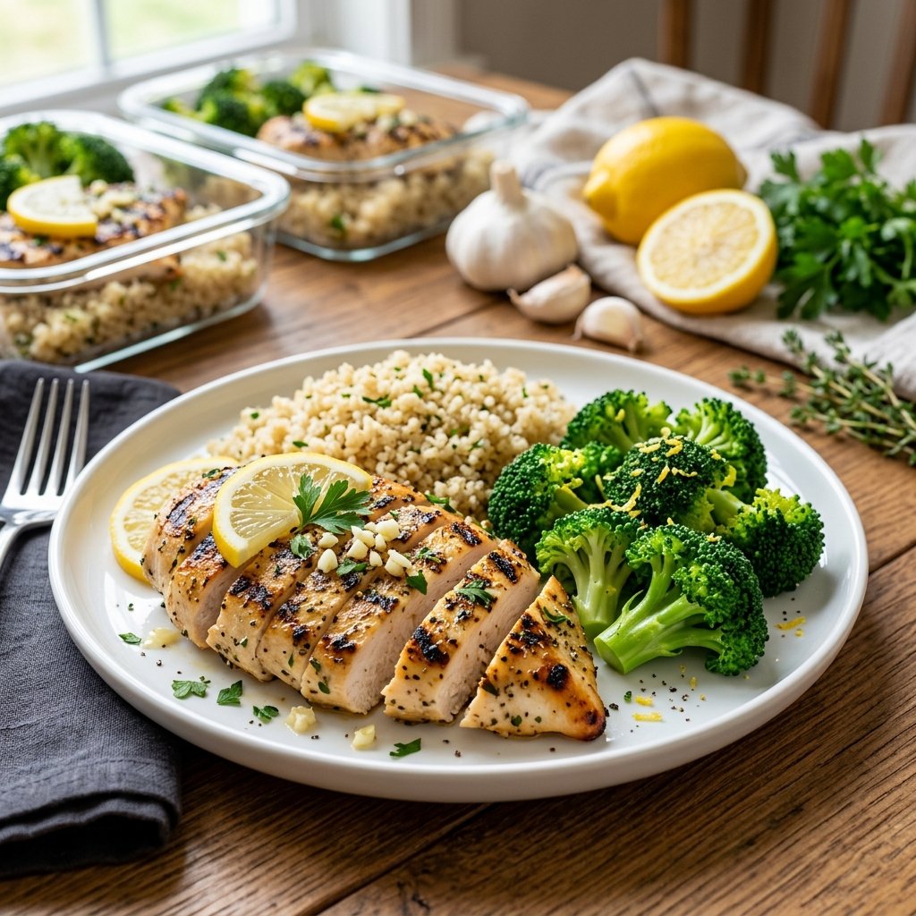 A plate with lemon-garlic grilled chicken, quinoa, and broccoli on a wooden table with fresh ingredients in the background.