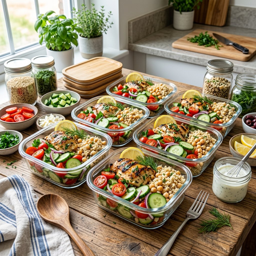 Two bowls of Greek yogurt-marinated grilled chicken with cucumber and tomato salad on a wooden table, surrounded by fresh ingredients.