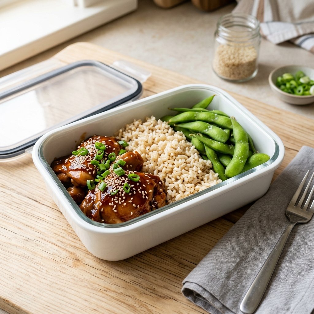 A meal prep container with teriyaki chicken, brown rice, and steamed edamame on a light wooden surface.